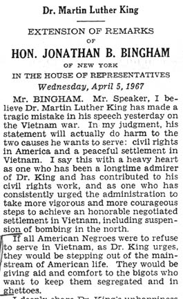 Source: Bingham, Jonathan B. Dr. Martin Luther King: Extension of Remarks of Hon. Jonathan B. Bingham of New York in the House of Representatives. Congressional Record 113, Part 7 (April 5, 1967), H8497.