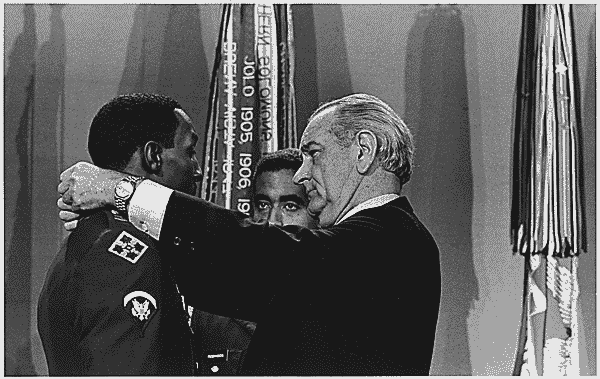 Dwight H. Johnson receiving the Congressional Medal of Honor from President Lyndon B. Johnson. Source: National Archives
