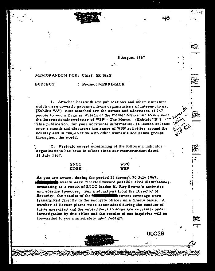 Central Intelligence Agency. Memorandum for: Chief, SR Staff - Subject: Project Merrimack 1967. - Page 1 of 4