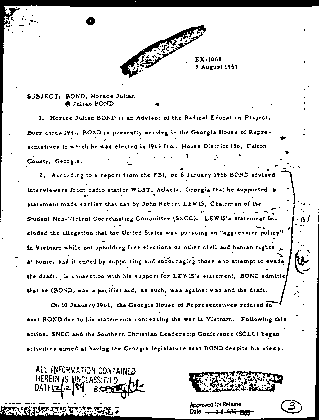 Source: Federal Bureau of Investigation. Bond, Horace Julian. August 3, 1967. Page 1 of 4.