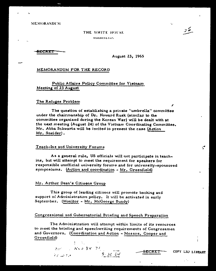 Source: White House. Public Affairs Policy Committee for Vietnam. August 23, 1965. - Page 1 of 3.