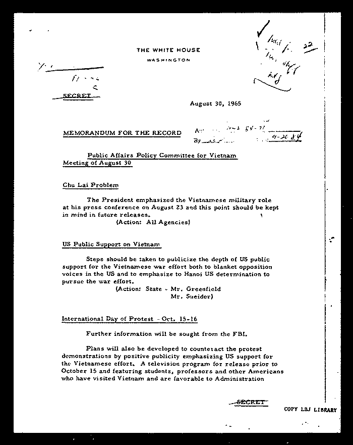 Source: White House. Public Affairs Policy Committee for Vietnam. August 30, 1965. - Page 1 of 3.